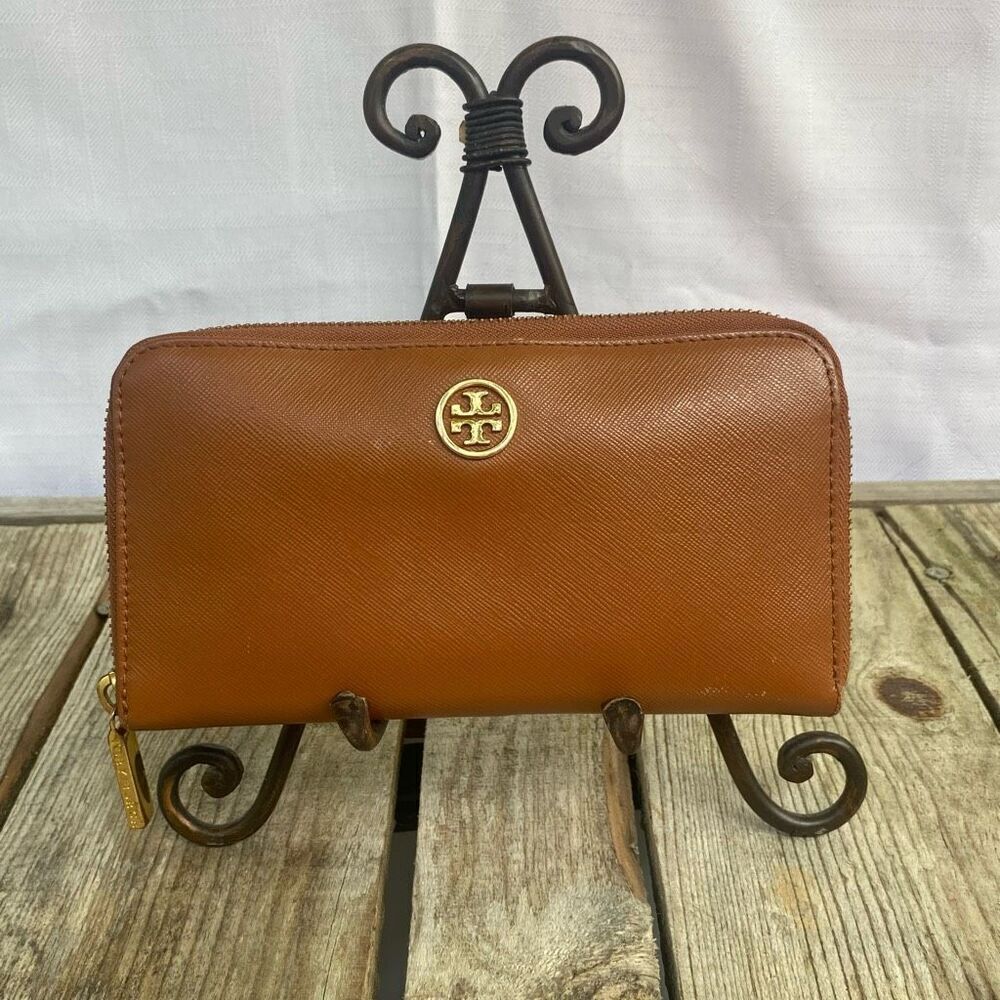 Tory Burch Robinson Zip Continental Wallet Brown Leather Saffiano Logo Gold Hard
